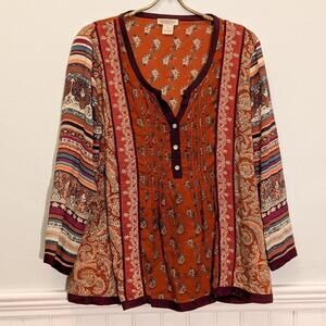 Lucky Brand Boho Peasant Blouse – Paisley & Stripe Mixed Print Top M
